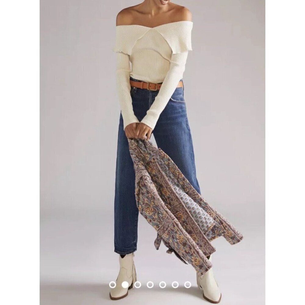 New Anthropologie Collared Off The Shoulder Ribbed Top Medium Ivory - Picture 3 of 9